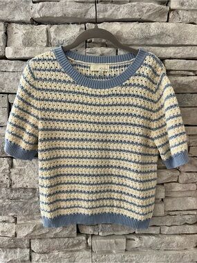 Pinch Striped Short-Sleeve Knit Sweater - Blue & Cream